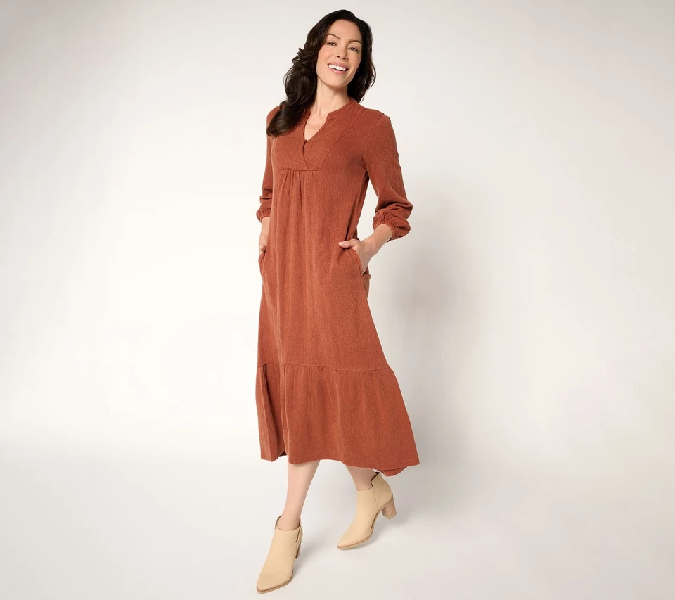 LOGO by Lori Goldstein Lavish Regular 100% Cotton Midi Dress Spice Brown L New - Image 1 of 1