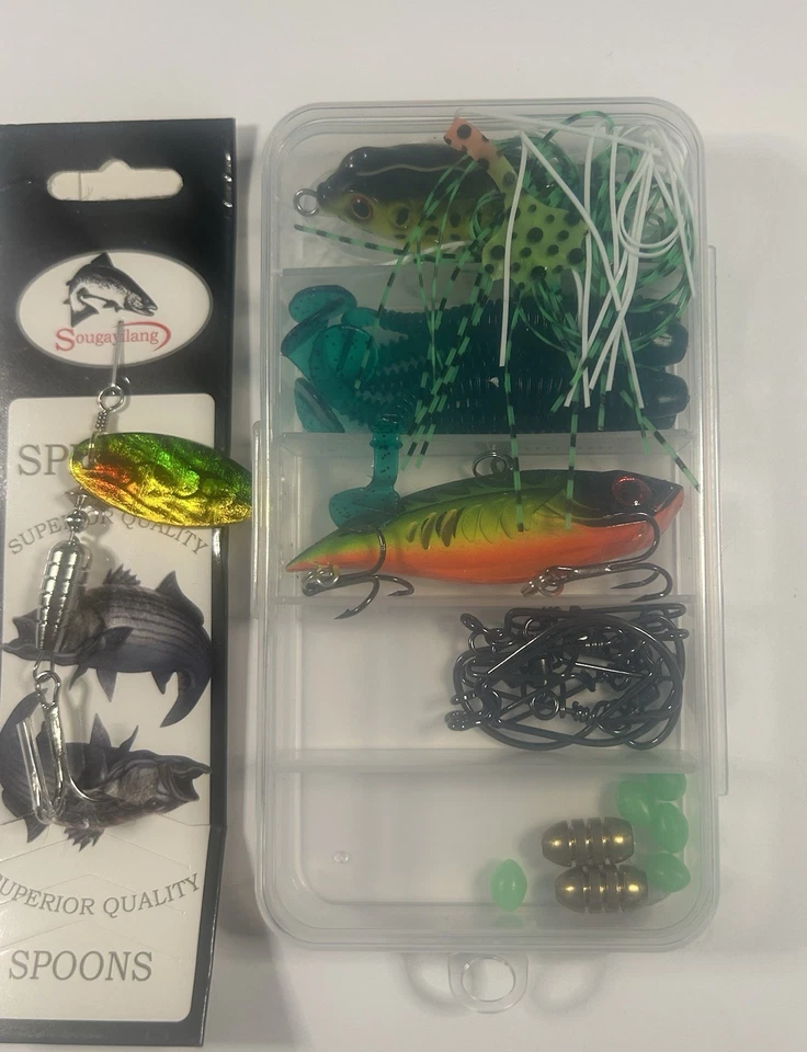 NUEVO 25 piezas Kit de señuelos de pesca cebos aparejos Topwater rana cuchara plantillas juego de cebo de natación Foto 3 de 4
