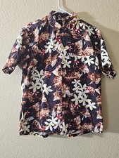 VTG Kamehameha Mens Shirt L Brown Yellow Red Flowers Allover Retro 1950s Aloha