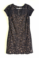 Women's Black Floral Lace Shift Dress, Short Sleeve, Round Neck, Tie Back