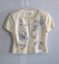 Talbots Petites Size 4 Linen Blend Cream Floral Embroidered Blazer Jacket Lined