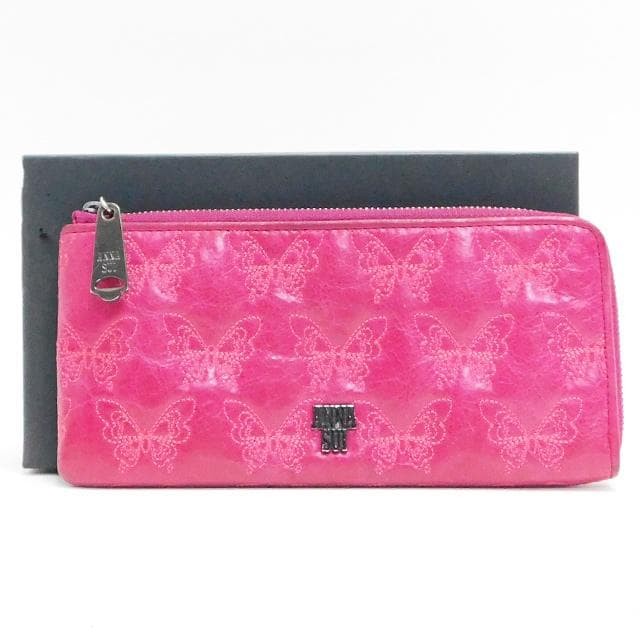 Anna Sui Pink Leather Butterfly Pattern Long Wallet Card & Coin