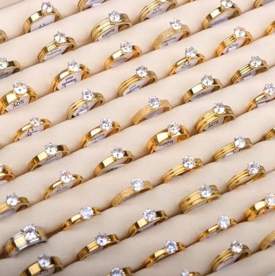Gold-Tone Stainless Steel Cubic Zirconia Ring Crystal Random Surface Structure