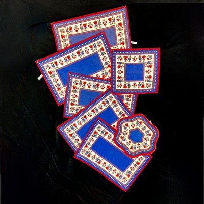 Vintage Austria Placemats+ 7 pc Cotton Blue Red Folk Art Cottagecore