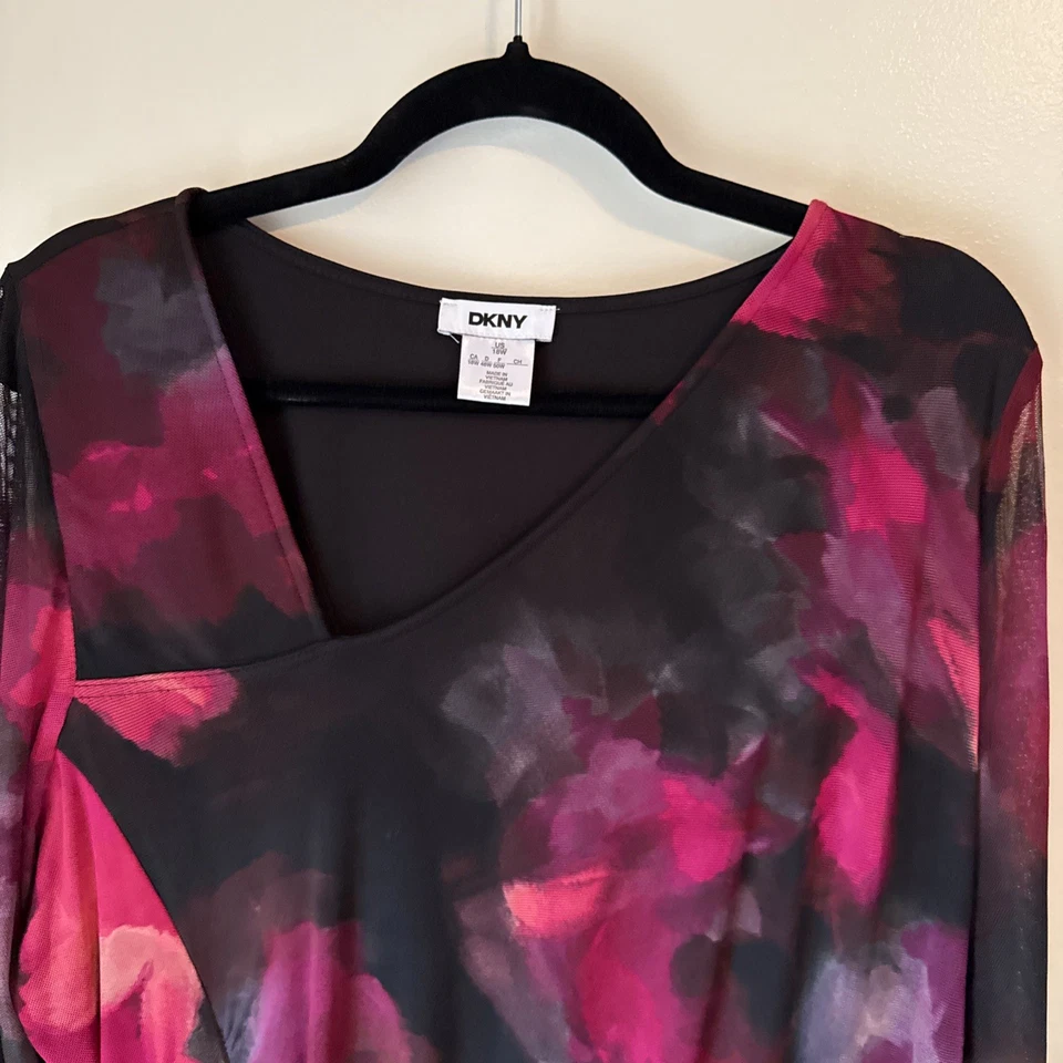 Dkny Midi 连衣裙女式 18W 码黑色花卉褶皱网眼派对活动弹力全新带标签 — 第 2/4 张图片