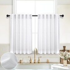 White Linen Semi Sheer Kitchen Curtain 24 Inch Length Light ing Privacy