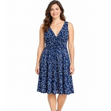 Navy Blue Floral V-Neck Ruched Waist Sleeveless Pocket Dress S Cottagecore Work