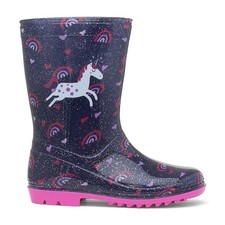 Girls Wellies Blue Kids Unicorn Gripped Welly Glitter Wellington Pull On SIZE