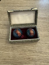 Vintage Chinese Baoding Chime Balls Blue Longevity Shou Symbol w/ Original Box