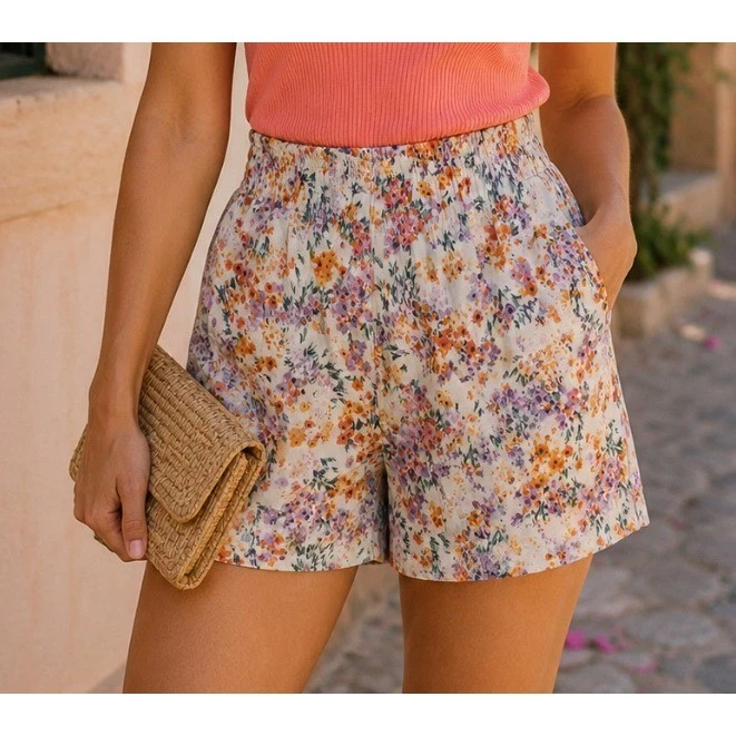 H&M Floral Linen Blend High Waisted Dressy Shorts Orange Purple Women's XS NWT