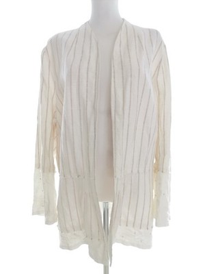 ZIZZI Damen Langer Offener Cardigan Gr. M Creme Leinen Leichter Strick Langer