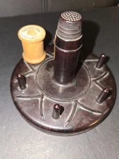 Vintage Bakelite Sewing Thread Spool Holder w/ Thimble & Needle Storage • Made i