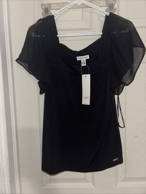 Calvin Klein Blouse Womens Small Black Sheer Polyester Short Sleeve Round Neck