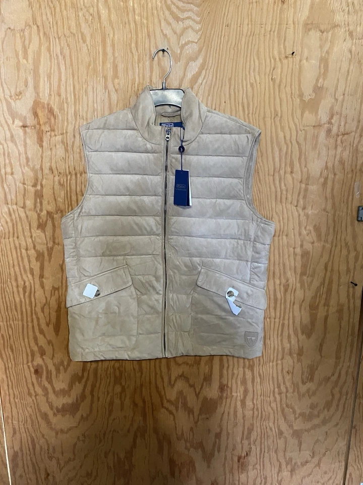 Polo Ralph Lauren Mens Large Khaki Quilted Suede Vest. $898 - Image 4 of 4