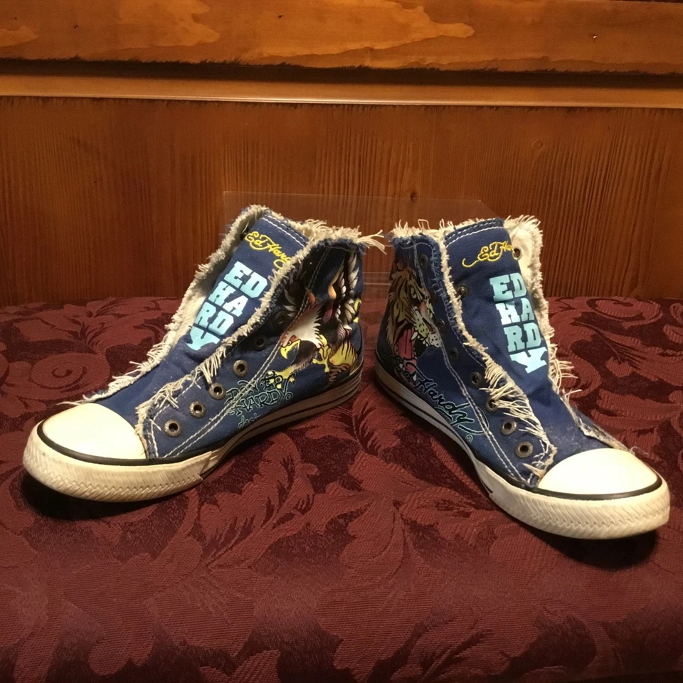 Vtg Ed Hardy designs Slip On Distressed High Top Sneakers Women’s 7 Blue - Image 4 of 4