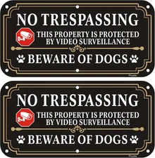 Beware of Dog Sign 2 Pack – No Trespassing Video Surveillance Security Signs 12"