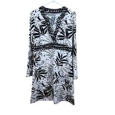 Coolibar Floral Long Sleeve Faux Wrap Dress Size Medium SPF Black Floral EUC