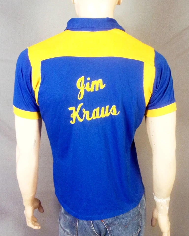 vintage 70s 80s Hilton Blue Yellow Polo Collar Bowling Shirt Chain Stitch USA M - Image 2 of 4