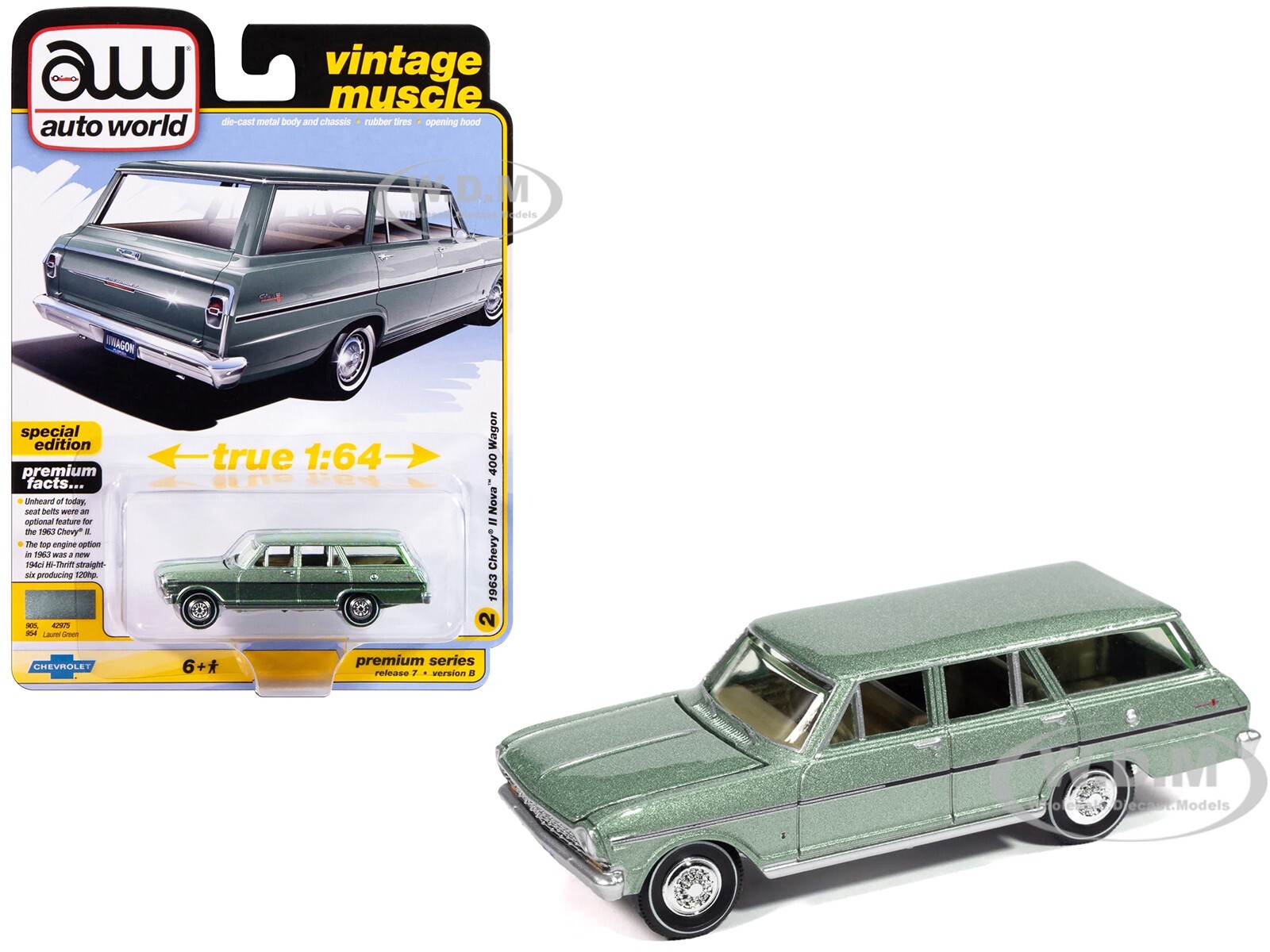 1963 Chevy II Nova 400 Wagon Laurel Green 1/64 Diecast Auto World AWSP183