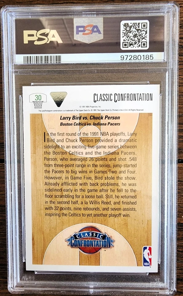 1991 Upper Deck #30 Chuck Person vs. Larry Bird Boston Celtics PSA Mint 9 - Image 2 of 2