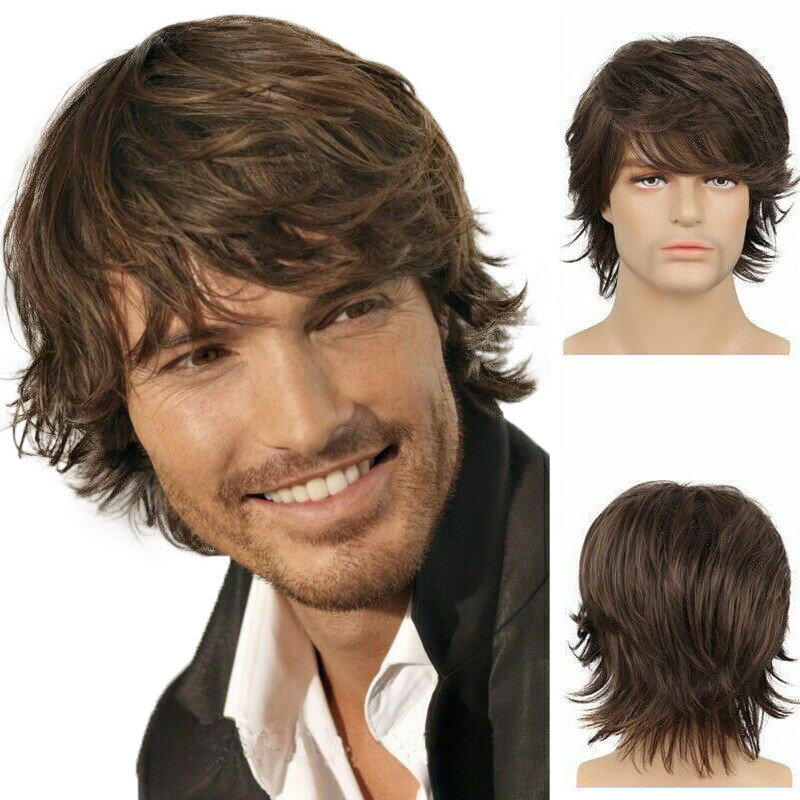 男式假发棕色 Toupee 短天然波浪无盖头发 Toupee 假发 + 免费假发帽 - 第 1 张/共 4 张