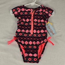 Cat Jack Baby Girls 9 Months Black Pink Neon Swimsuit Zip Snaps Sz 9M