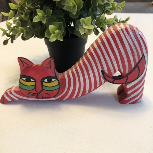 Vintage Laurel Burch Style Wooden Cat Figurine Statue 9" Folk Art