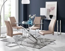 Image of LEONARDO Silver Chrome & Glass Dining Table And 4 Faux Leather Lorenzo Chairs