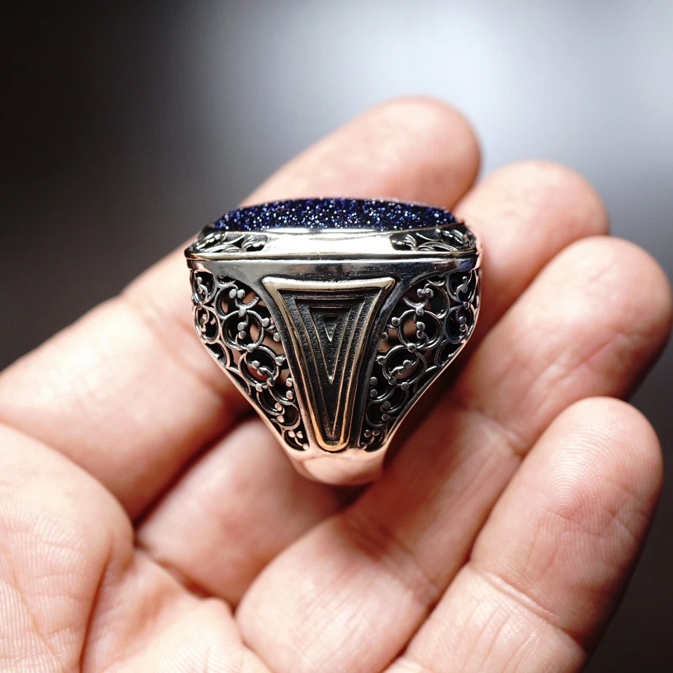 Silver Men's Statement Ring Bold solid 925k Blue Aventurine Starstone size 12 - Image 4 of 4