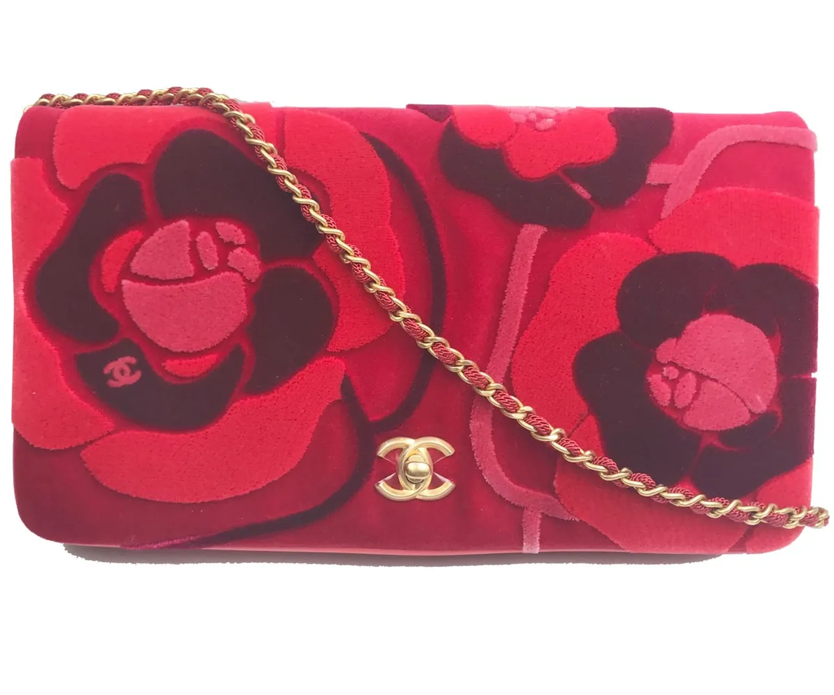 Chanel Red Camellia Velvet Clutch Crossbody Bag