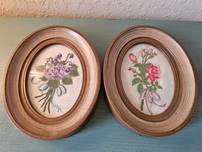 Vintage Pair Of Oval Framed Needlepoint Flowers-Red Roses & Purple