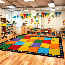 Classroom Rug - 7'6''X13' Warm Confetti Block Preschool Classroom Carpet, Non-Sl