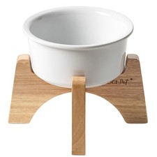1 Set Raised Ceramic Dog Bowl Wooden Stand, 6.5in Elevated Feeder, White Dish