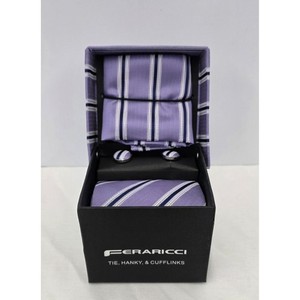 Feraricci Mens Tie Pocket Square Cufflinks Set Purple Navy White Striped #27