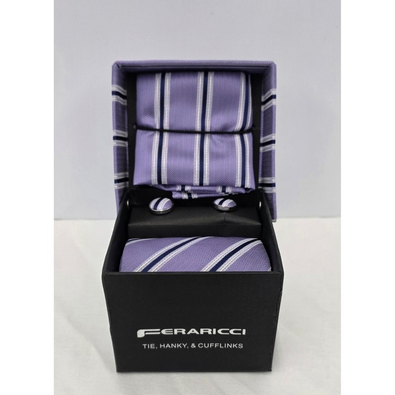 Feraricci Mens Tie Pocket Square Cufflinks Set Purple Navy White Striped #27