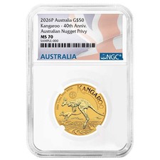 Australia 2026 $50 1/2-oz Gold Kangaroo 40th Anniversary NGC MS70 Australian 4530.98 per troy oz
