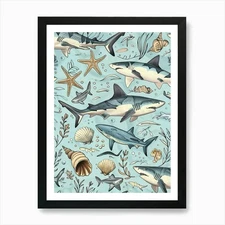 Pastel Blue Blacktip Reef Shark Wat Framed Wall Art Poster Canvas Print Picture