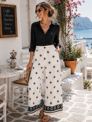   Zara Embroidered Wide Leg Pants | Coastal Boho Resort Linen Blend Trousers |