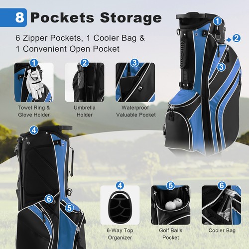 Lightweight Golf Stand Carry Bag W/6 Way Top Dividers & 8 Pockets Rain Hood Blue - Picture 3 of 8