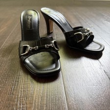 Vintage 90s Y2k Brighton Leather Mules Heel Horse Bit Silvery on Leather Italy 7