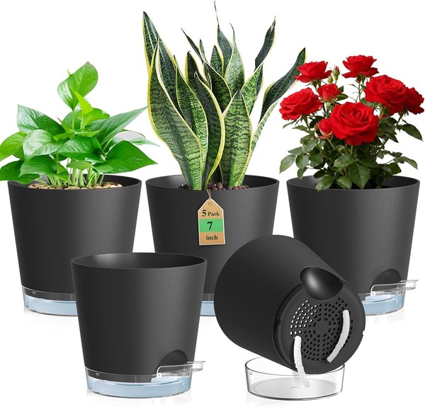 SelbstbewäSserungstopf 17,6Cm 5Er Set Schwarz BlumentöPfe Garten Pflanzen-image