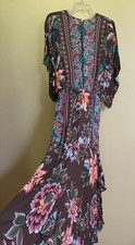 $239 FARM RIO DRESS IN BROWN LARGE FLORAL PRINT KIMONO SLEEVES LAYERED BOTTOM S