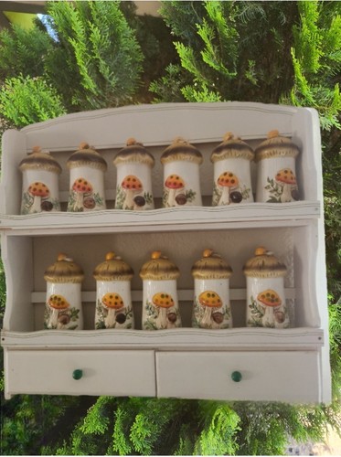 Sears & Roebuck Merry Mushroom Spice Jar/Shaker Set w/ Rack 12 Pieces 70s