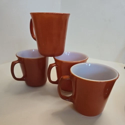 Vintage Pyrex Corning Orange Milk Glass Coffee Mugs Set of 4 D Handle 1970s USA