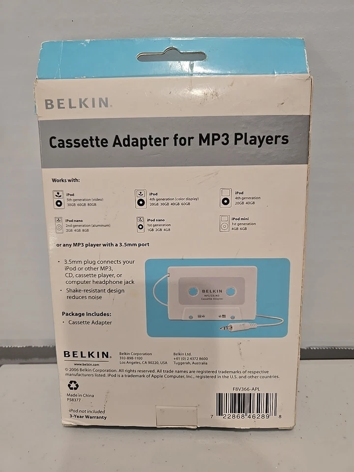 Adaptador auxiliar con conector de cinta de casete Belkin para reproductor de MP3 iPod + Más - Nueva caja abierta Foto 2 de 2