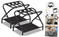 Luggage Rack Set of 2, Foldable Suitcase Stand with Fabric Storage Black-2 Pack