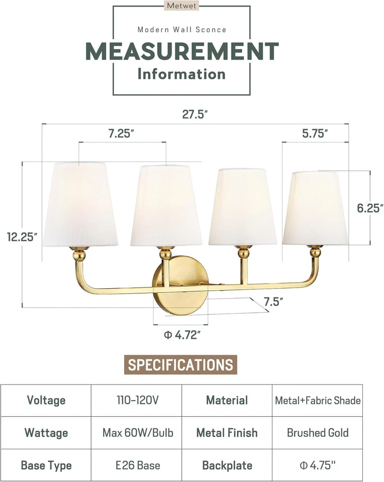 METWET, 4 Light Brushed Gold Vanity Lights with Flared White Shades, VL837-BG-4 - Image 2 of 4