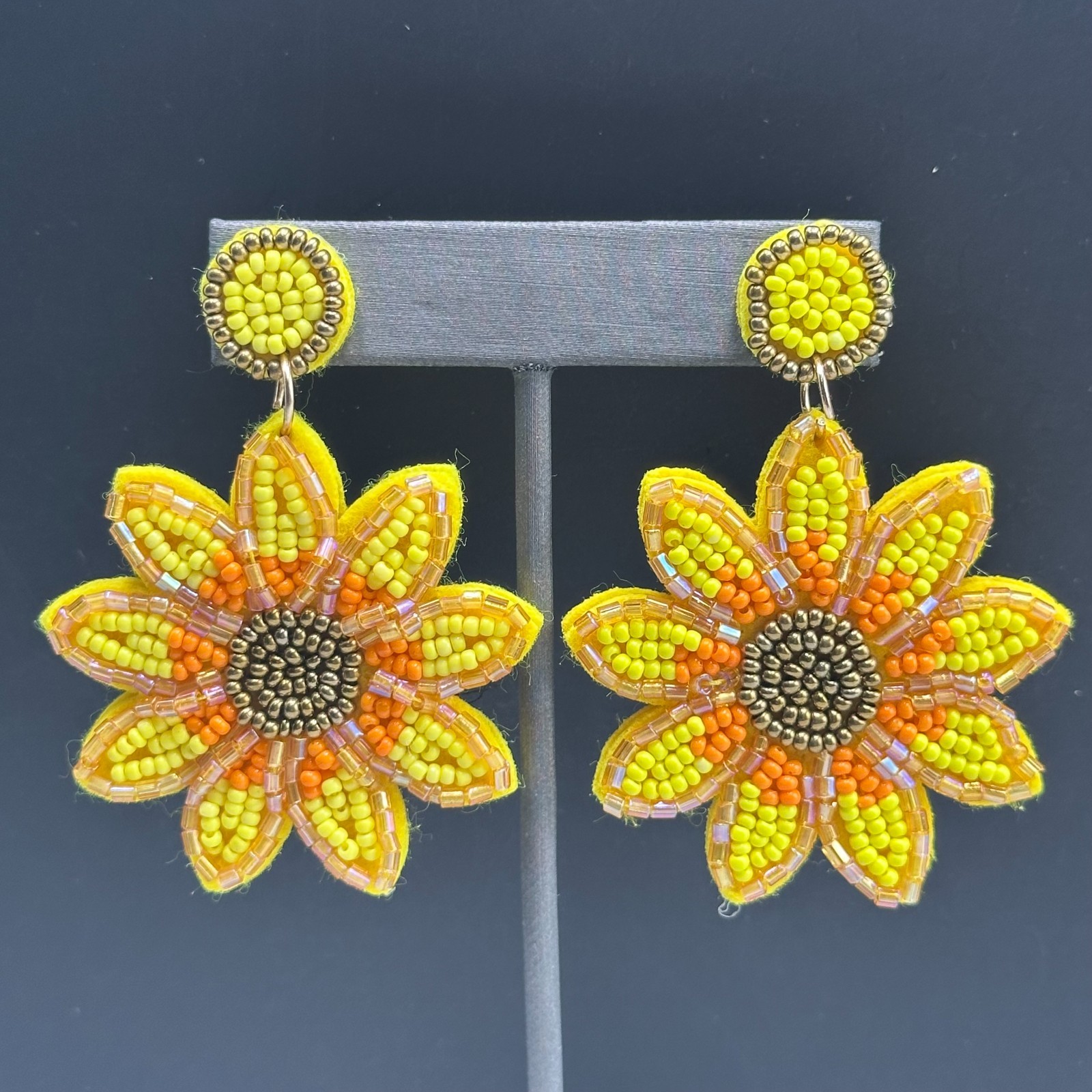 Sunflower Beaded Dangle Earrings Yellow Seed Bead… - image 4