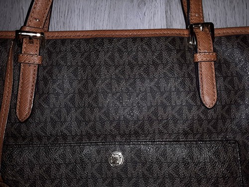 Michael Kors Jet Set Logo Dark Brown Purse Shoulder Bag Tote Handbag Gold Metal - Picture 3 of 15