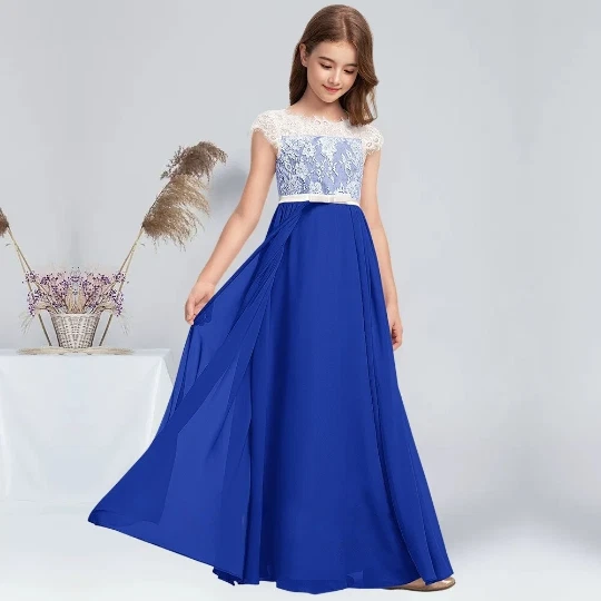 A-line Scoop Floor-Length Chiffon Lace Satin Junior First Communion Dress - Image 4 of 4